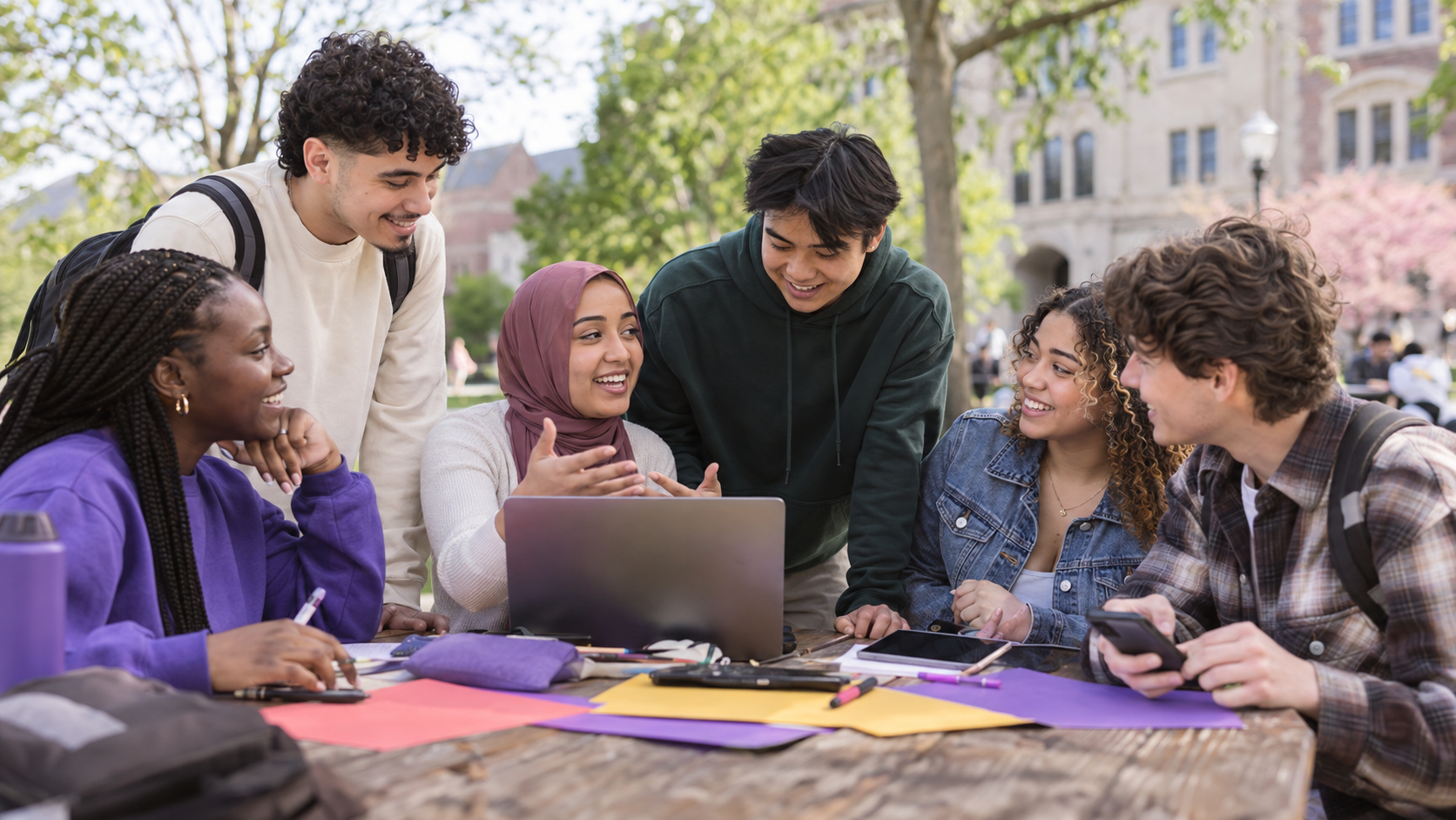 A diverse group of college students collaborating on a campus positive-action campaign