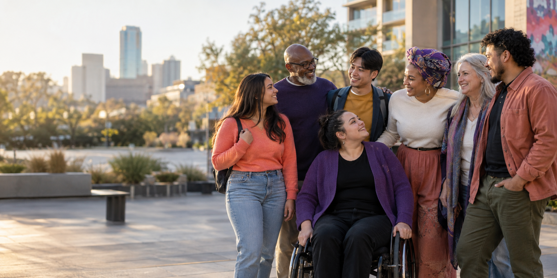 A diverse, multigenerational group connecting in a community plaza